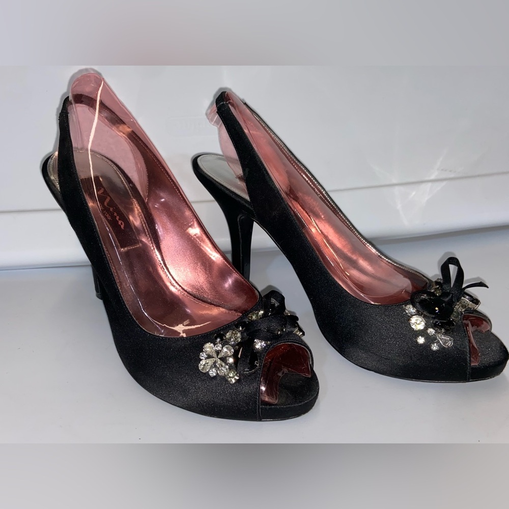 Luxe Black Peep Toe Heels with Rhinestones & Bow